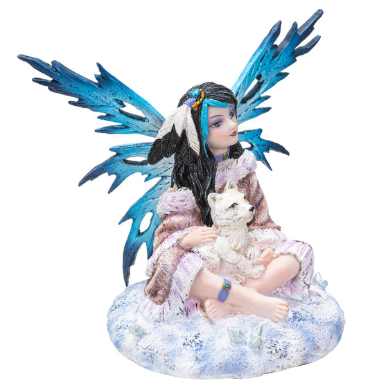 Winter Frozen Tribal Fairy With Snow Wolf Cub Fantasy Figurine - Baby Feathers Gift Shop