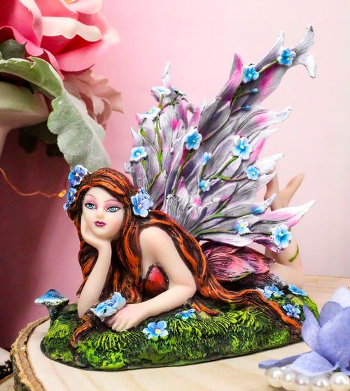 Enchanted Meadow Blue Peony Fairy With Purple Wings Figurine - Baby Feathers Gift Shop