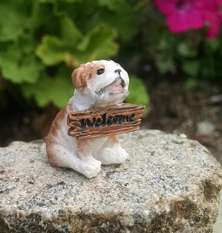 Marley the Puppy with Welcome Sign; Fairy Garden Animal Miniature: Dollhouse Mini - Baby Feathers Gift Shop