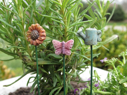 Set of 3 Gardening Themed Garden Stakes Fairy Garden Miniature Accessories - Baby Feathers Gift Shop