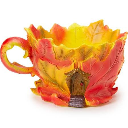 Maple Leaf Fall Tea Cup Planter: Fairy Garden Fall Thanksgiving Holiday Theme - Baby Feathers Gift Shop