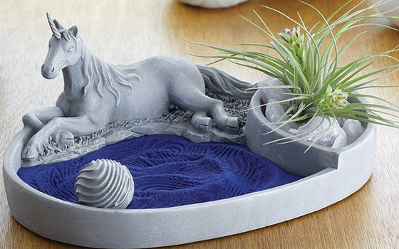Unicorn Zen Garden Cement Plate Planter, Mini Zen Garden, Desktop Zen Garden - Baby Feathers Gift Shop