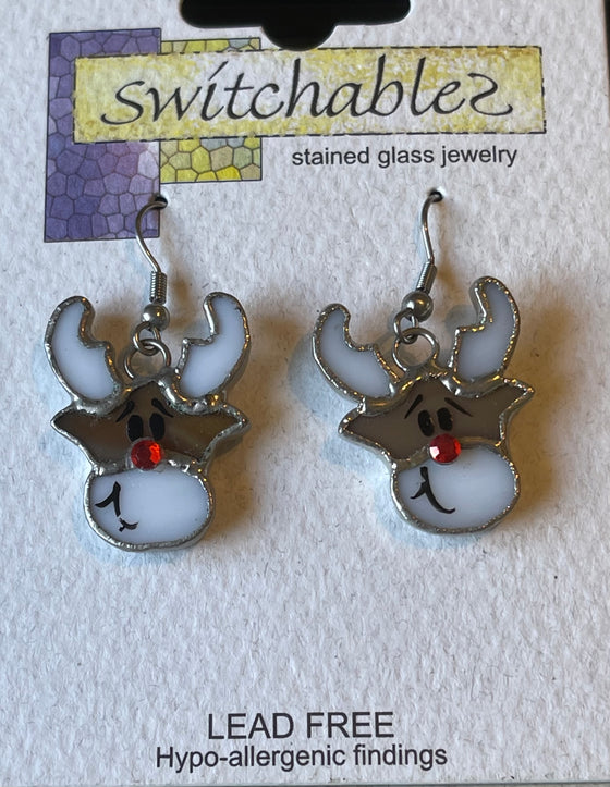 Rudolph Red-Nosed Reindeer Stained Glass Hook Earrings: Switchables Earrings - Baby Feathers Gift Shop
