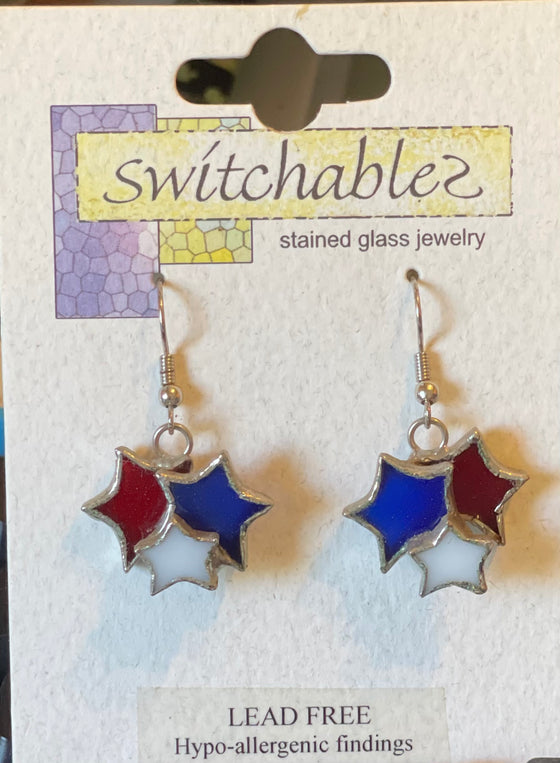 Patriotic Stars Stained Glass Hook Earrings: Switchables Earrings - Baby Feathers Gift Shop