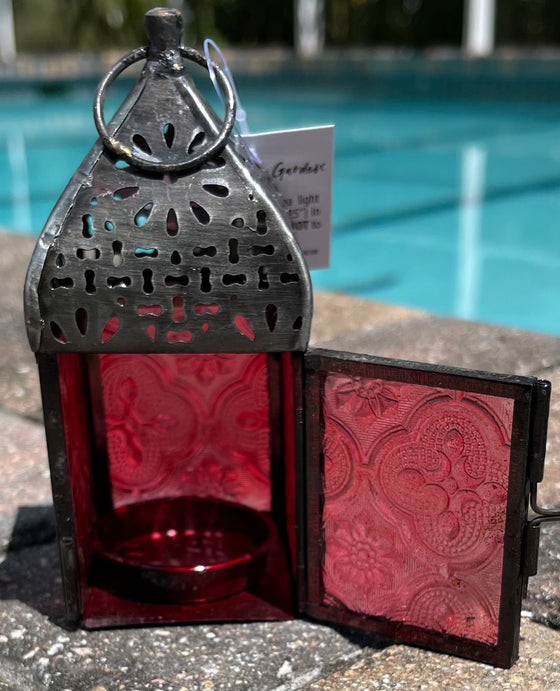 Fiery Red Glass Casablanca Tea Light Lantern Zen Garden Fairy Garden Miniature - Baby Feathers Gift Shop