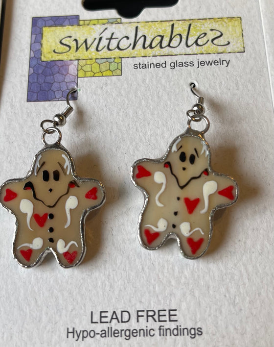 Gingerbread Man Stained Glass Hook Earrings: Switchables Earrings - Baby Feathers Gift Shop