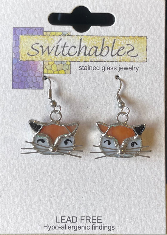Ginger Cat Stained Glass Hook Earrings: Switchables Earrings - Baby Feathers Gift Shop