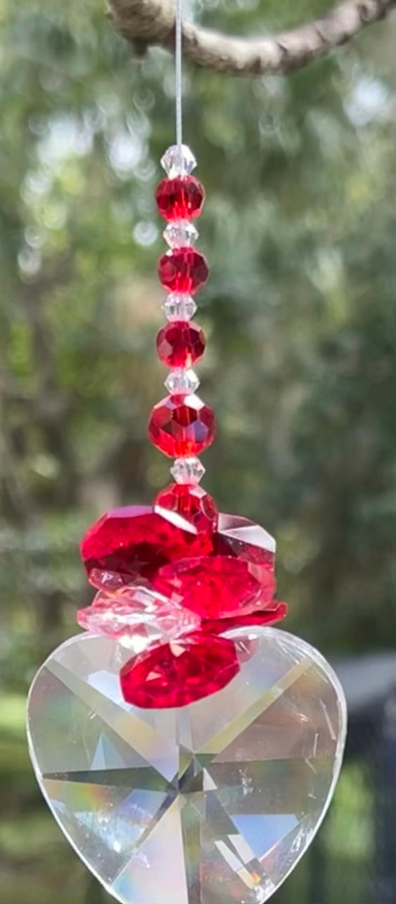 40mm Crystal Heart: Red, Clear Crystal Octagons Cluster Suncatcher - Baby Feathers Gift Shop