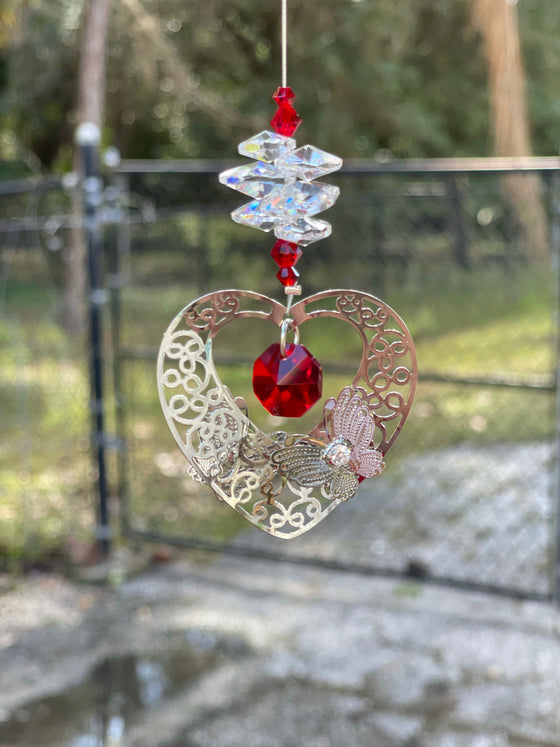 Ruby Red Filigree Butterfly Heart Crystal Ornament: AB Octagon Cluster & Bi-Cones - Baby Feathers Gift Shop