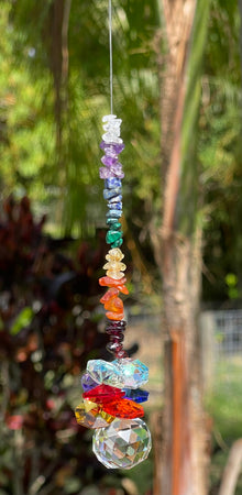  Chakra Suncatcher with Stones & Octagon Cluster features 20mm crystal ball (sphere) - Baby Feathers Gift Shop