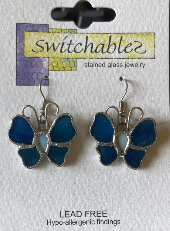 Butterfly Blue Stained Glass Hook Earrings: Switchables Earrings - Baby Feathers Gift Shop