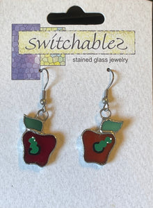  Book Worm Apple Stained Glass Earrings: Teachers Gift: Switchables Earrings - Baby Feathers Gift Shop